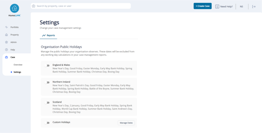 Screenshot of settings page showing the different public holiday choices